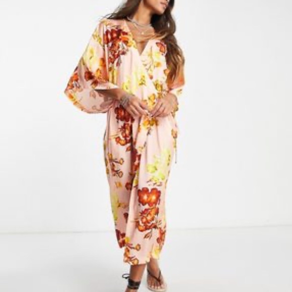 TOPSHOP | Pink Floral Wrap Kimono Duster Robe Midi Dress - Picture 1 of 15